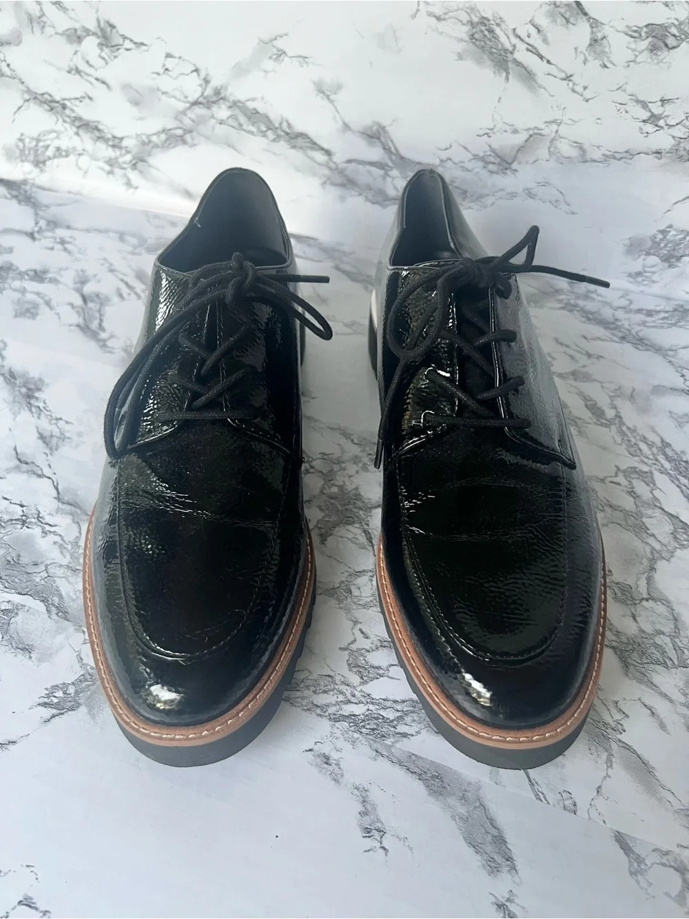 Franco Sarto Charles Black Patent Derby Lug Sole Shoe 11 Preppy Quiet Luxury